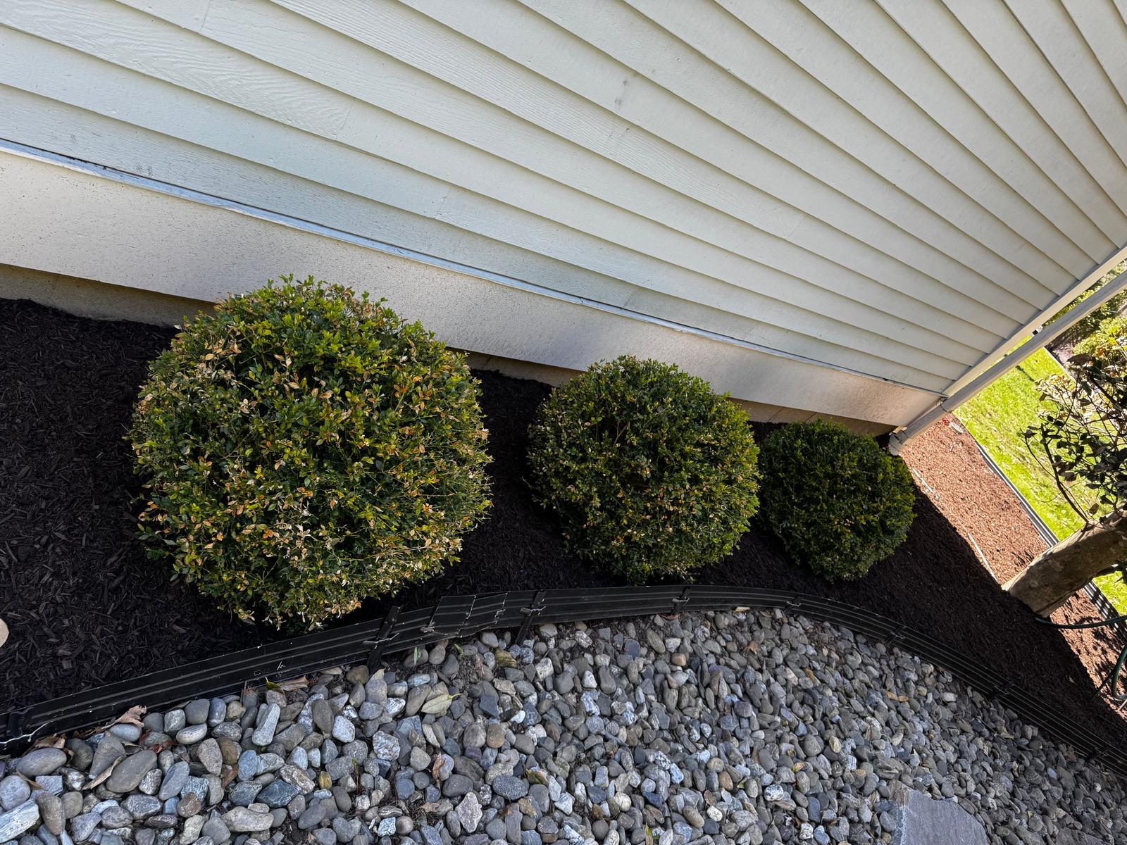 Neat mulched foundation bed with stone edging along the side of a house